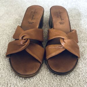 Mila Paoli Leather Sock Sandal Sz 7.5 Brown Leather Slide-On Block Heel